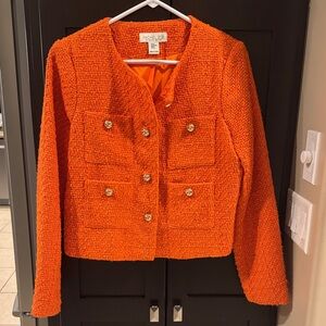 Rachel Zoe Women's Vibrant Orange Tweed Blazer with gold buttons!